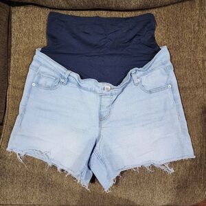 Time and Tru Denim Maternity Light Blue Jean Shorts with Frayed Edges